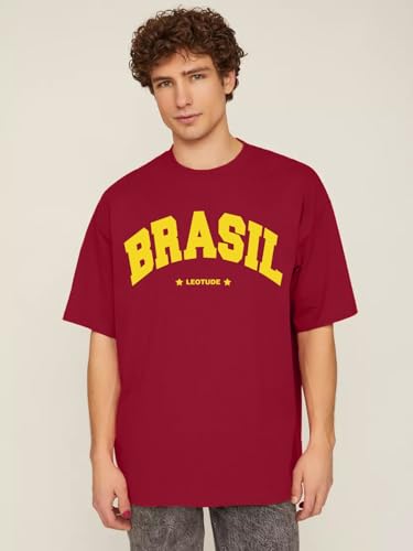 Image of LEOTUDE Men's Oversized Baggy Fit Drop Shoulder Half Sleeves Round Neck Printed Cottonblend T-Shirt for Men (Color: Maroon)