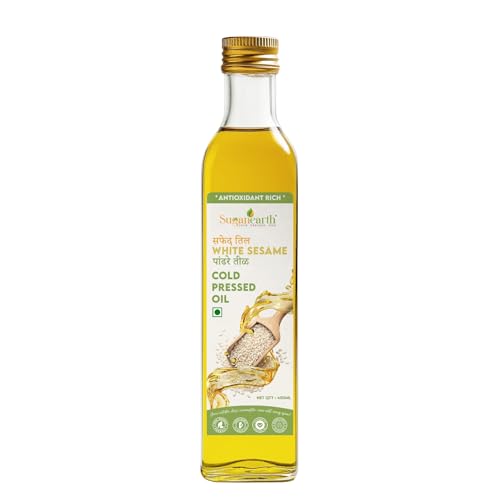Image of Sugan Earth Cold Pressed White Sesame Oil 450ml | 100% Pure & Natural Til Oil | Kachi Ghani Sesame Seed Oil, GingellyOil | Unrefined, Chemical free, Rich in Antioxidants | Pure Edible Oil For Cooking, Skin & Hair Care