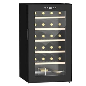 HOMCOM Cantinetta Vino Refrigerata 24 Bottiglie 65L Cantina Vino Silenziosa Temperatura Regolabile 5-20℃ Frigo Vino Bar con Vetro Anti UV, Ripiani, Compressore, Display Touch, Luci LED, Classe G, Nera