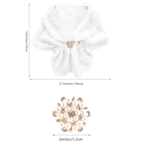 Lystaii Faux Fur Shawl Wrap Stole 1920s Winter Bridal Wedding Scarf Wrap with Faux Pearl Rhinestone Brooches for Women2