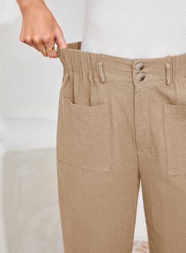Dokotoo 2025 New Summer Linen Pants Women Casual Trendy Wide Leg Plus Size Cargo Trouser Lightweight Loose Basic Solid Slacks Womens Fashion Capri Pants Cotton Fall Outfits for Women Khaki L3