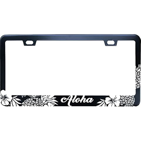 XYcustomBest Black Aloha Hibiscus Hawaii Pineapple Stainless Steel License Plate Frame for Men/Women with 2 Screw Caps for US/CA Vehicles XY0507YBFK22 0 Cover