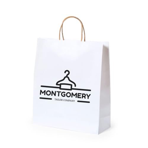 Pack de 50 Bolsas Personalizadas de papel kraft con asas, grandes, medianas y pequeñas. Bolsas para comercios de papel biodegradable, reutilizables ideales para tiendas. (BLANCA, 32x40 CM GRANDE)