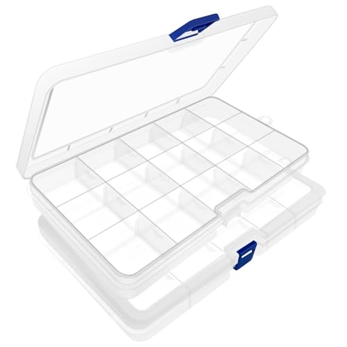 DUOFIRE Plastic Organizer Container Storage Box Adjustable Divider Removable Grid Compartment for Jewelry Beads Earring Container Tool Fishing Hook Small Accessories（15 grids，White x 2）