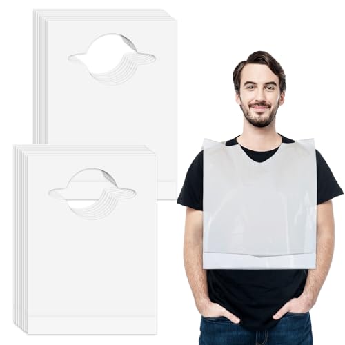 Nonley 50 Pack Adult Bibs for Men Disposable Bibs for Adults Waterproof & Oil-Proof 22 Plastic Bib with Crumb Catcher for Elderly Women Eating