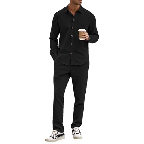 amropi Conjunto de Pana para Hombre Botón Camisa de Manga Larga y Pantalón Casual Chándal 2 Piezas Set Negro, 3XL