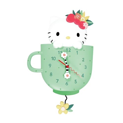 Enesco Allen Designs Hello Kitty in Tea Cup Wall Clock, Battery Operated Pendulum Analog Clock, Stone Resin Decorative Clocks for Walls Home Decor Kitchen Clocks, 11.73 Inch