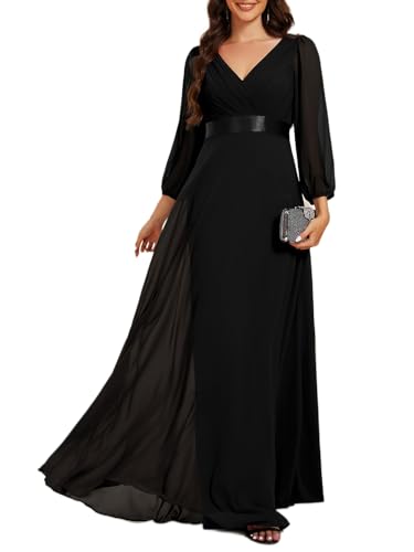 Ever-Pretty Abendkleider Elegantes Damen Für Hochzeit Lang Langarm Brautjungfernkleid Chiffon V-Ausschnitt Ballkleider Schwarz 48