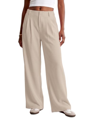 IWOLLENCE Women Wide Leg Pants Waffle Stretchy Work Dress Pants Business Casual Outfits Slacks Trousers Light Khaki