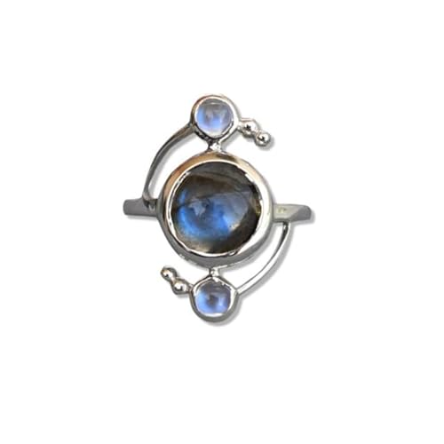 Rainbow Moonstone Labradorite Rings for Women Vintage Silver Rings Blue Gemstone Rings Boho Statement Ring Jewelry Wedding Promise Rings Size 6, 7, 8, 9, 10