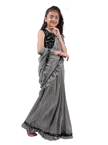 NILKANTHVARNI CREATION Kids Girls Lycra Blend Saree With Unstitched Sequence Blouse Piece (3-4 yrs to 11-12 yrs) (Grey, 8-9 Years - L)