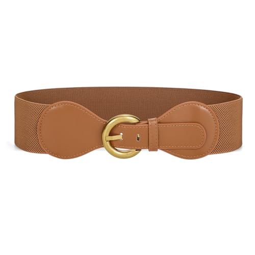 JASGOOD Women Elastic Wide Waist Belt with Gold Buckle Fashion Stretch Wide Belt for Ladies Dresses，Brown