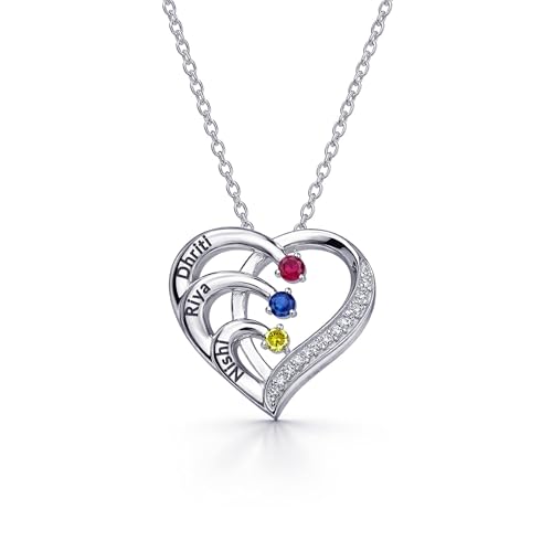 Image of TRUESILVER ACPL 925 Sterling Silver Personalized Photo Necklace for Women | Custom Couple Heart Pendant with Name Date & Birthstone | Engraved Picture Necklace Gift for Wife Mother Anniversary Birthday