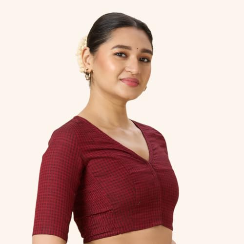 Image of Studio Shringaar Women Cotton Half Sleeve Madras Checks Saree Blouse with Stretchable Sides