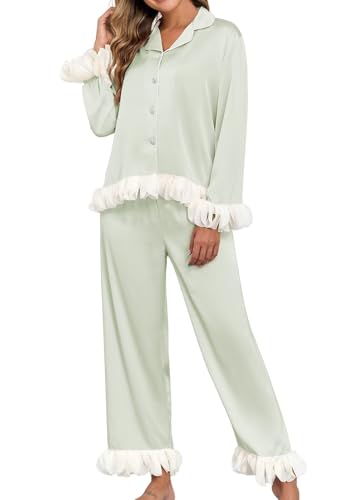 Image of Brosloth Womens Silk Pajamas Set Long Sleeve Satin Button Up Sleepwear | Cute Soft Fall Pjs Sets, Lace 2 Piece Lounge Set, Elegant Bridesmaid Pajama, Skin Friendly Sleepwear for Wedding, Honeymoon