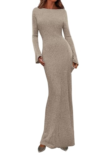 PRETTYGARDEN Women's Fall Fashion 2025 Long Sleeve Maxi Dress Ribbed Knit Boat Neck Bodycon Casual Dresses Going Out Outfits (Apricot,Medium)