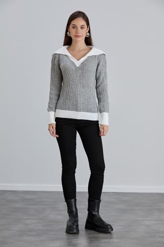 Image of Sweaters for Women Fashion Long Sleeve Lapel Collar V Neck Casual Knit Color Block Pullover Sweater