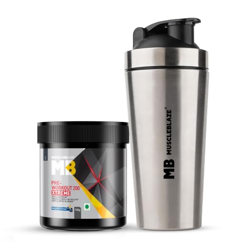 MuscleBlaze Pre Workout 200 Xtreme, Berry Bolt, 100g + Shaker | Includes Stainless Steel Gym Shaker, Silver, 700ml-picture-15