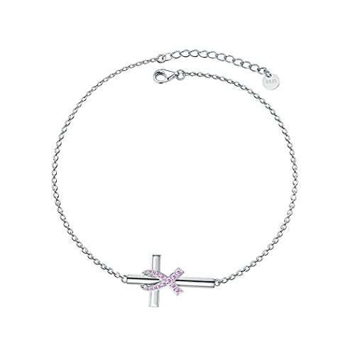 925 Sterling Silver Breast Cancer Awareness Bracelet Cross Pink Ribbon Bracelet Breast Cancer Survivor Gifts for Women