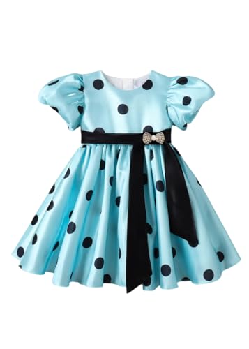 Image of Buy & Try Girls Satin Polka Dot Printed Frock & Dress, Knee Length Puff Sleeve Dress with Zipper Closure