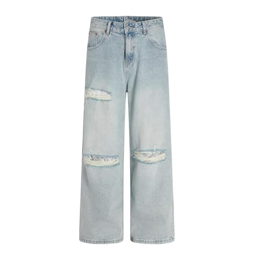 Men's Jeans American High-Street Distressed Denim Pants Loose-Fit Straight-Leg Vintage Long Trouser for Men