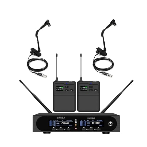 Trumpet Saxophone Wireless Microphone System Wireless Wind Instrument with 2 WB98H/C - Instrument Microphone Clip-on Condenser, 2 Beltpack Transmitter, Long Range 490ft, Black