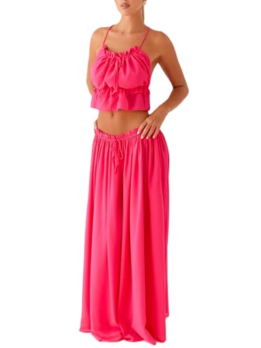 Women Boho Maxi Skirt Set Y2k Halter Backless Cami Top Flowy Ruffle Long Skirt 2 Piece Outfits Beachwear