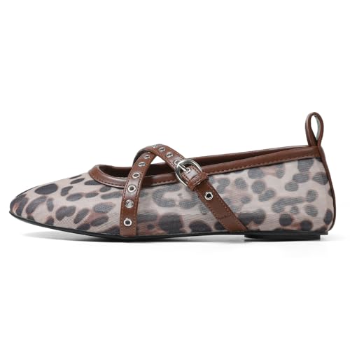 VIMISAOI Leopard Flats for Women Mesh Ballet Flats Shoes for Women Fishnet Buckle Round Toe Mary Jane Ballerina Shoes Dress Shoes2