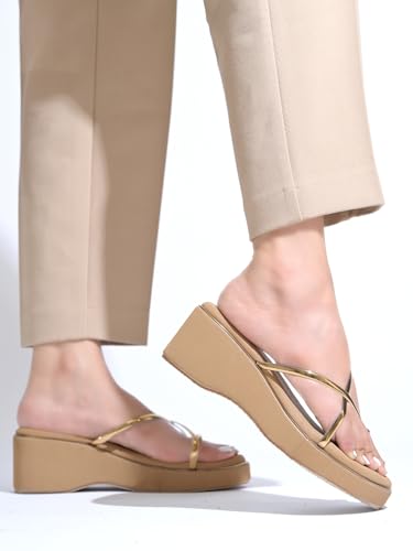 Image of Women's Strap Wedge Strap Wedge Sandals - Stylish Comfortable Slip-On Platform Slides | Soft Cushion Footbed Anti-Slip Sole - Perfect for Daily Casual Footwear