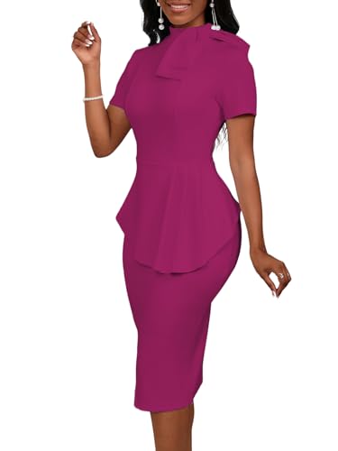 Image of WanMem Women Formal Bodycon Peplum Cocktail Dress Short Sleeve Bow Ruffle Pencil Party Midi Dresses