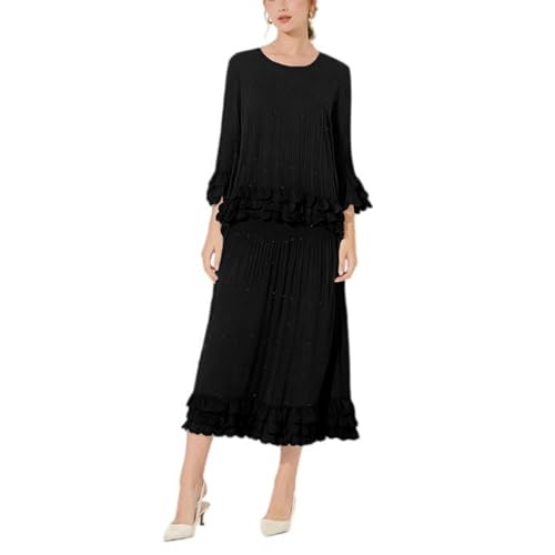 JYHBHMZG Elegante conjunto de falda corta de manga larga plisada con cuentas para mujer, Negro, XS
