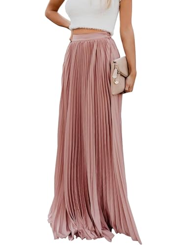 Women's High Elastic Waist Pleated Flowy Swing A-line Maxi Skirts