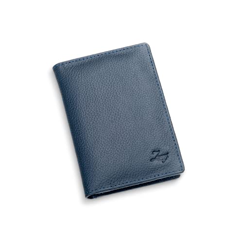 ZenZoi Slim Wallet for Men. Handmade Bifold Soft Leather Back Front Pocket Small Wallet. 2 Clear ID Windows, 5 Credit Card Slots, 2 Inside Pockets & Polyester Lining (Blue)