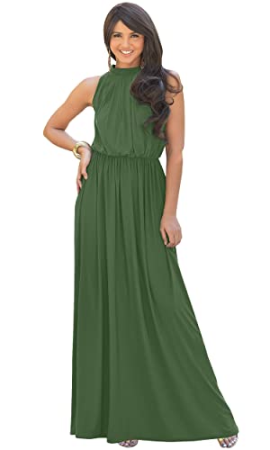 Image of KOH KOH Plus Size Womens Long Sleeveless Bridesmaid Halter Neck Wedding Party Guest Flowy Slimming Semi Formal Elegant Gala Ball Evening A-line Tall Gown Maxi Dress, Olive Green 3XL 22-24