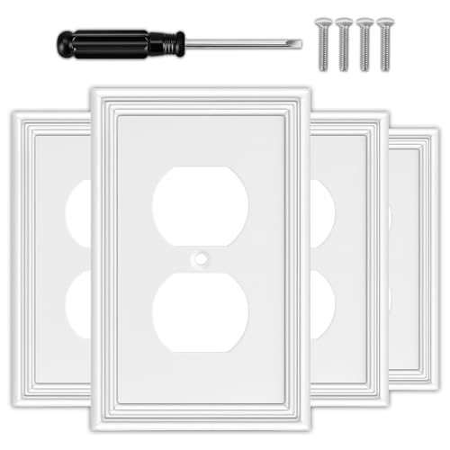 White Decorative Outlet Covers Wall Plates Natural Material Electric Receptacle Cover Switch Plate Outlet Cover - Modern Style (1 Gang Single Duplex 4 Pack)