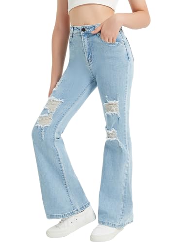 EXARUS Girls Flare Jeans Bell Bottom Teen Denim Pants Flared Ripped Cute Bootcut Mid Rise Elastic Band Pockets Kids2