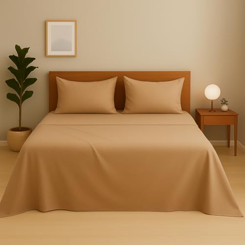 Image of Cotton Double Bedsheet with 2 Pillow Covers | 100% Pure Cotton | Soft & Breathable | 90x100 inch - Taupe