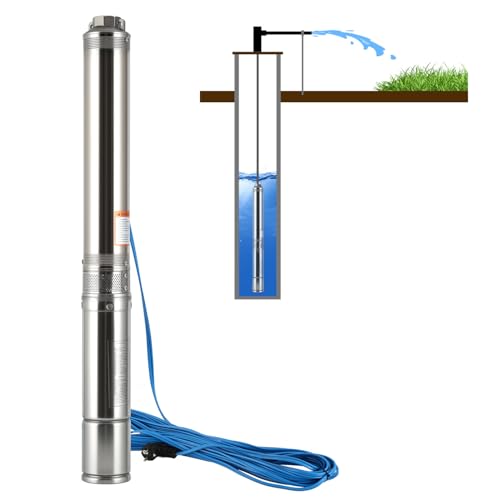 Ollewiellan 4' Tiefbrunnenpumpe 1100W Brunnenpumpe – 84m, 4m³/h, Edelstahl IP68 sandfest 150g/m³, Edelstahl-Gehäuse m. Präzisionsguss, 20m Kabel, 8,0bar/7,2A, für 4'-Brunnen