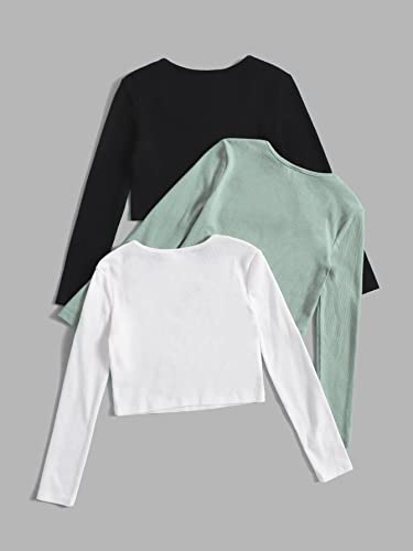 Image of Floerns Girl's 3Pcs Casual Scoop Neck Long Sleeve Ribbed Knit Tee Skirt