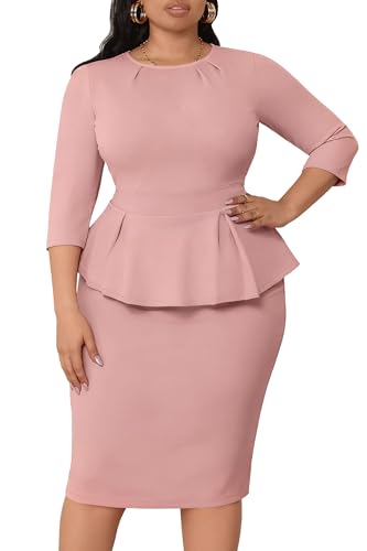Runwind Womens Plus Size Dress - Wedding Guest Office Work Vintage Peplum 3-4 Sleeve Bodycon Dresses Pink 2XL