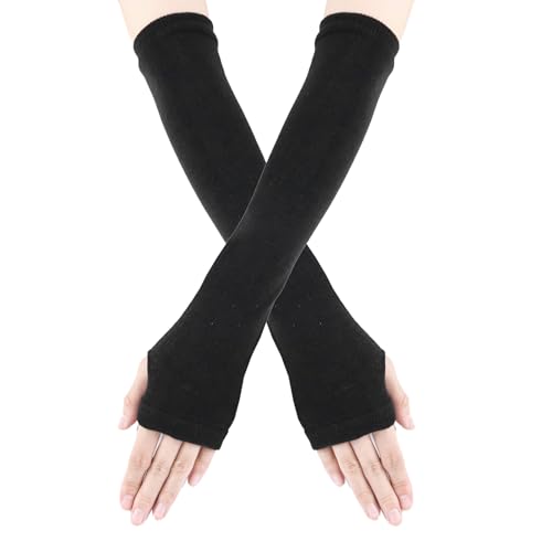 Arm Warmers Knit Elbow Long Fingerless Gloves for Women Winter Warm Ribbed Arm Sleeves Thumb Hole Arms Warmers Y2K Black-Thin