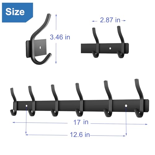 HAMUTH Coat Rack Wall Mount with 6 Hooks, 17 Inch Black Wall Hooks, 2 Packs - image 3