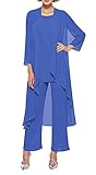 Women's Chiffon Pants Suits 3 Pieces Mother of The Bride Wedding Party Outfit Evening Dress Blue