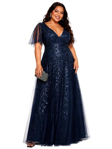 Image of Ever-Pretty Women's Sequin V Neck Plus Size Formal Dresses Evening Gown | Short Sleeve, A-Line, Empire Waist, Plus Size Mother of the Bride Dresses, Plus Size Gala Dress