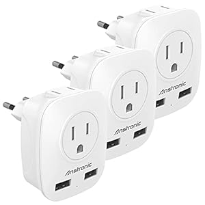 [3-Pack] European Travel Plug Adapter, Anstronic International Power Adaptor with 2 USB Ports, 2 US Outlets-4 in 1 European Plug Adapter for Spain, Israel, Italy, France, Germany, Greece (Type C)