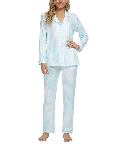 MINTLIMIT Schlafanzug Damen Lang Pyjama Sets Tie Dye Nachtwäsche mit Knopfleiste,Weiß+Grün,50 Cover