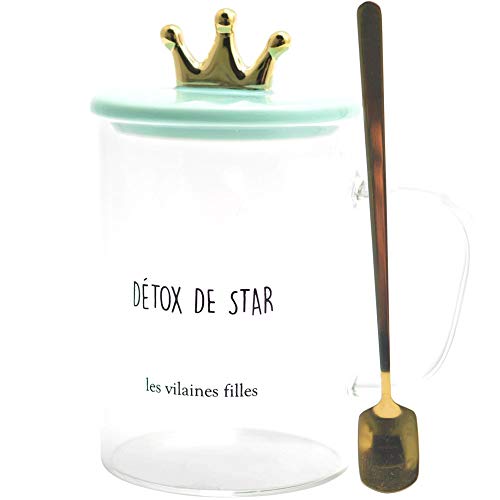 Les Vilaines Chilles 40-VF-056 - Taza con tapa y cuchara destox de Star (cristal, cerámica y metal, 12,5 x 14,5 cm), color transparente y verde