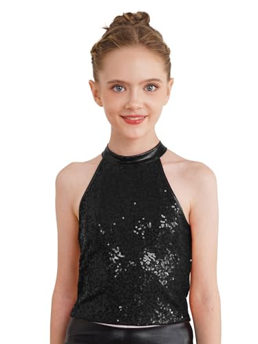 MSemis Top Lentejuelas de Fiesta para Niña Camiseta de Gimnasia Rítmica con Cuello Halter sin Espalada Camiseta de Danza Moderno 5-16 Años Negro 7-8 años