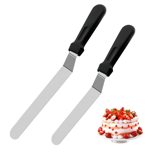 Lot de 2 couteaux à palette avec poignées en plastique PP durable, spatule décalée professionnelle en acier inoxydable pour décoration de gâteaux, pâtisserie et pâtisserie (noir)