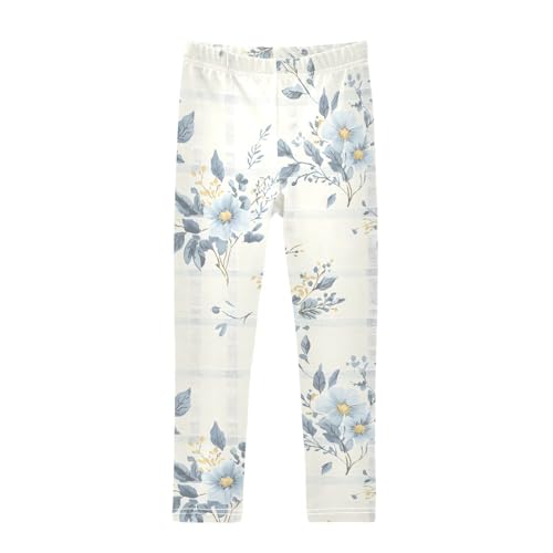 Pastel Blue Flowers Plaid Design Girls Leggings Soft Stretch Workout Yoga Dance Pants for Kids Casual Tights